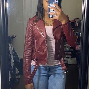 Burgundy faux leather moto jacket